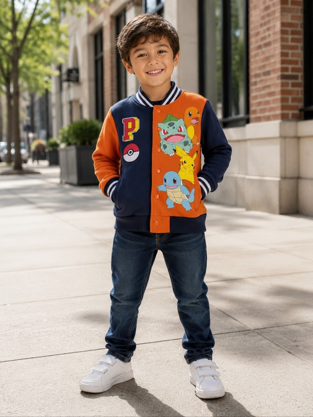 Pokemon Hybrid Apparel Kids XS Varsity Jacket Navy Orange Pikachu Squirtle Bulba